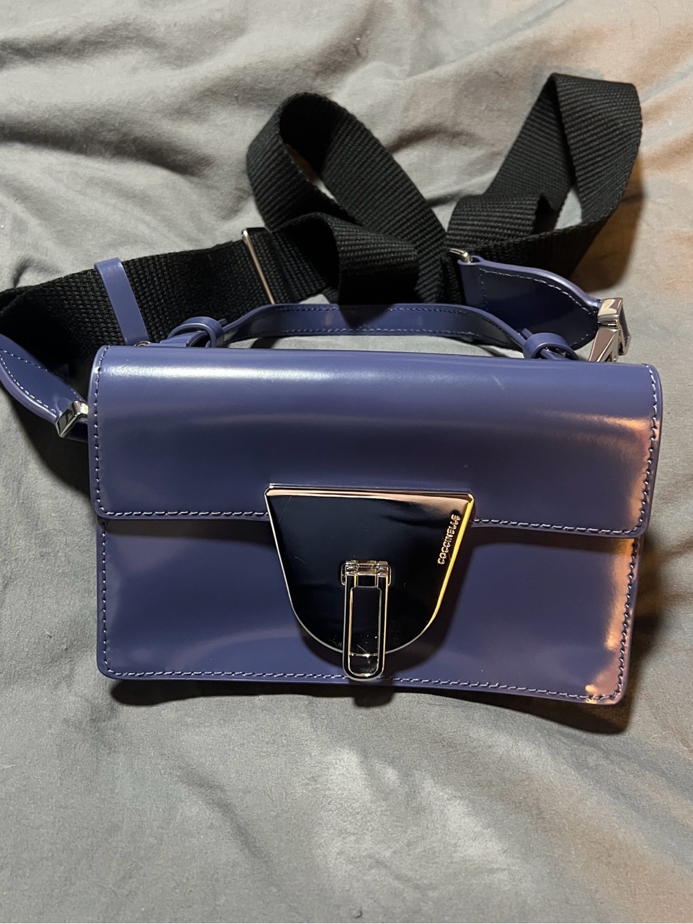 Coccinelle Nico Glossy Purple Calfskin Crossbody Bag Clasp Mini Handbag 7.5x4.5